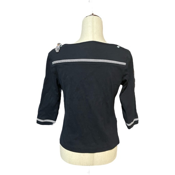Navy Blue 3/4 sleeves blouse (sailor vibe) bow ties on each shoulder. Super cute - Picture 2 of 3